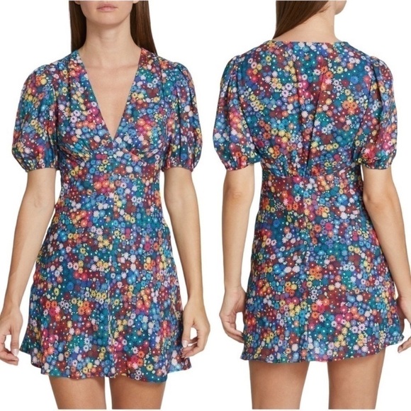 STAUD Milla Floral-Print Crêpe de Chine Short Puff Sleeve V Neck Mini Dress NEW - Picture 4 of 12